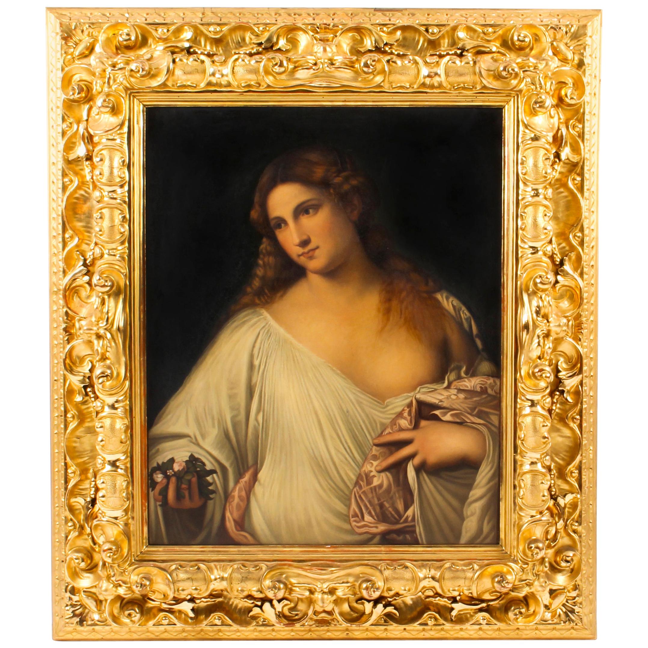 Oil Painting of Flora after Titian in Florentine Giltwood Frame, 19th Century
