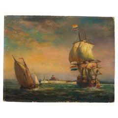 Antique Oil Painting of Historical Nautical Scene by Jean Ferris, Circa 1920