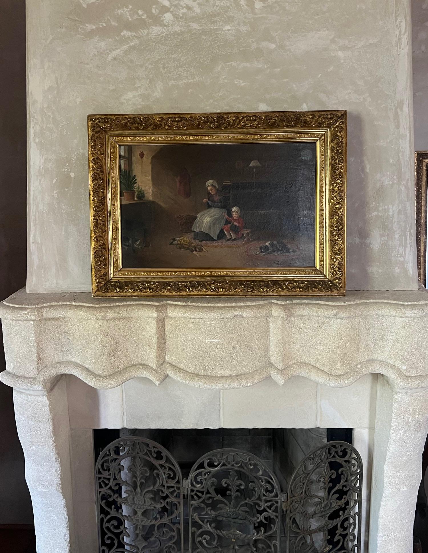 Antique oil painting dated 1892 and signed by the artist as A. Hart.  The sweet interior scene shows a grandmother sewing with a granddaughter, with the doll thrown on the floor and the dog sleeps nearby.

The painting is set in a giltwood and