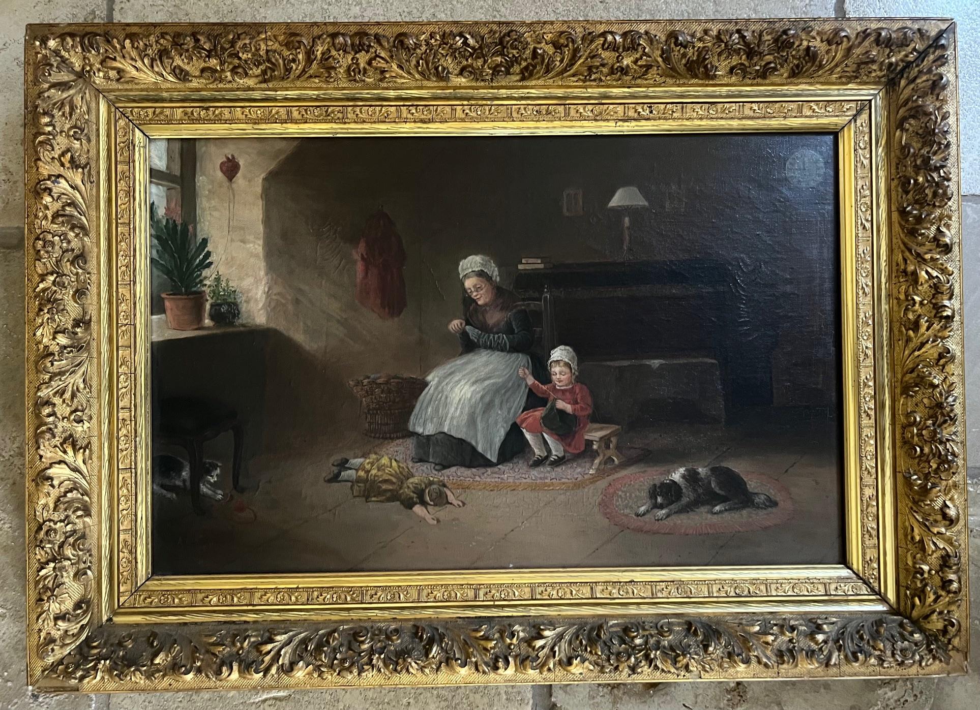 Late Victorian Antique Oil Painting of Interior Scene, Signed A. Hart, 1892 For Sale