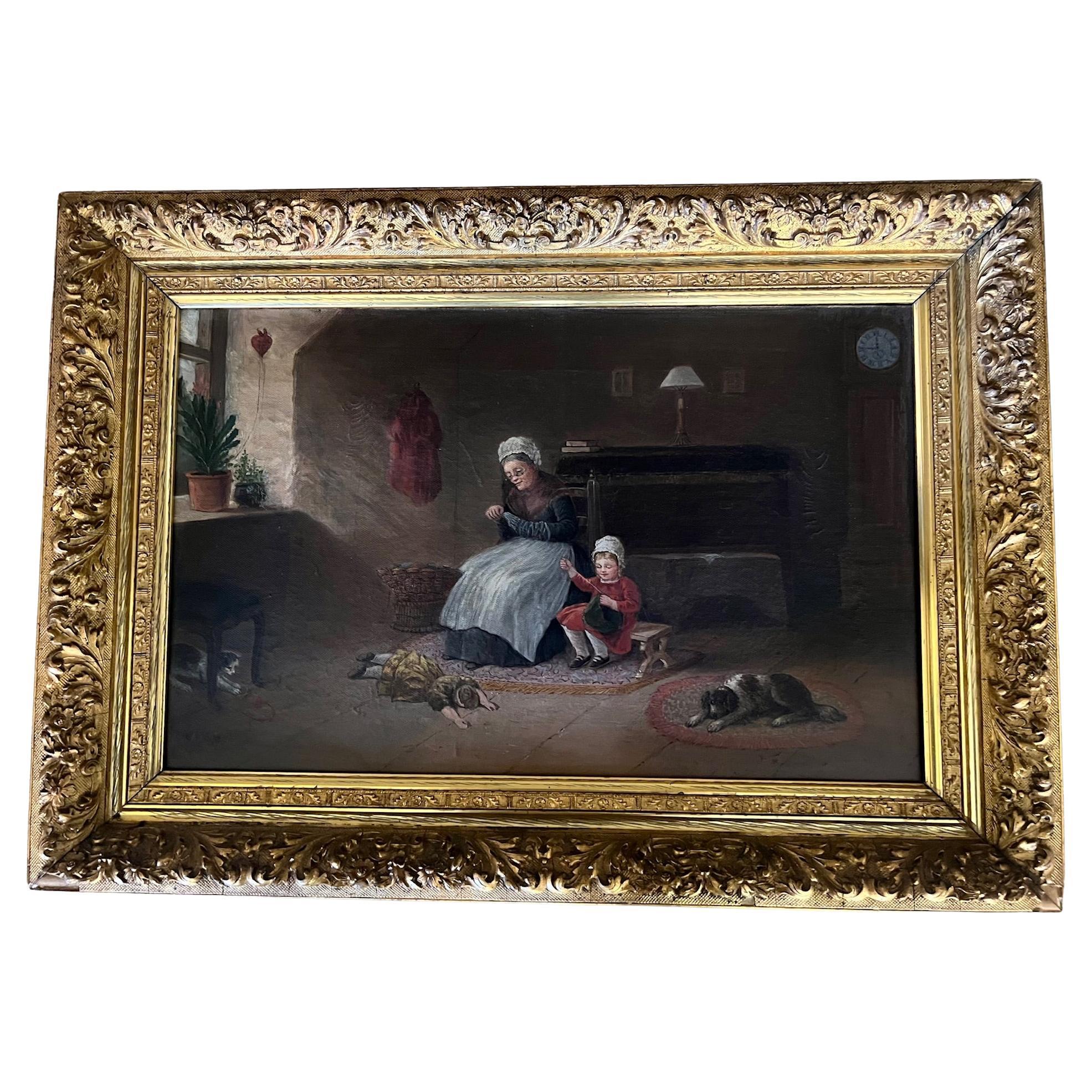 Hand-Carved Antique Oil Painting of Interior Scene, Signed A. Hart, 1892 For Sale
