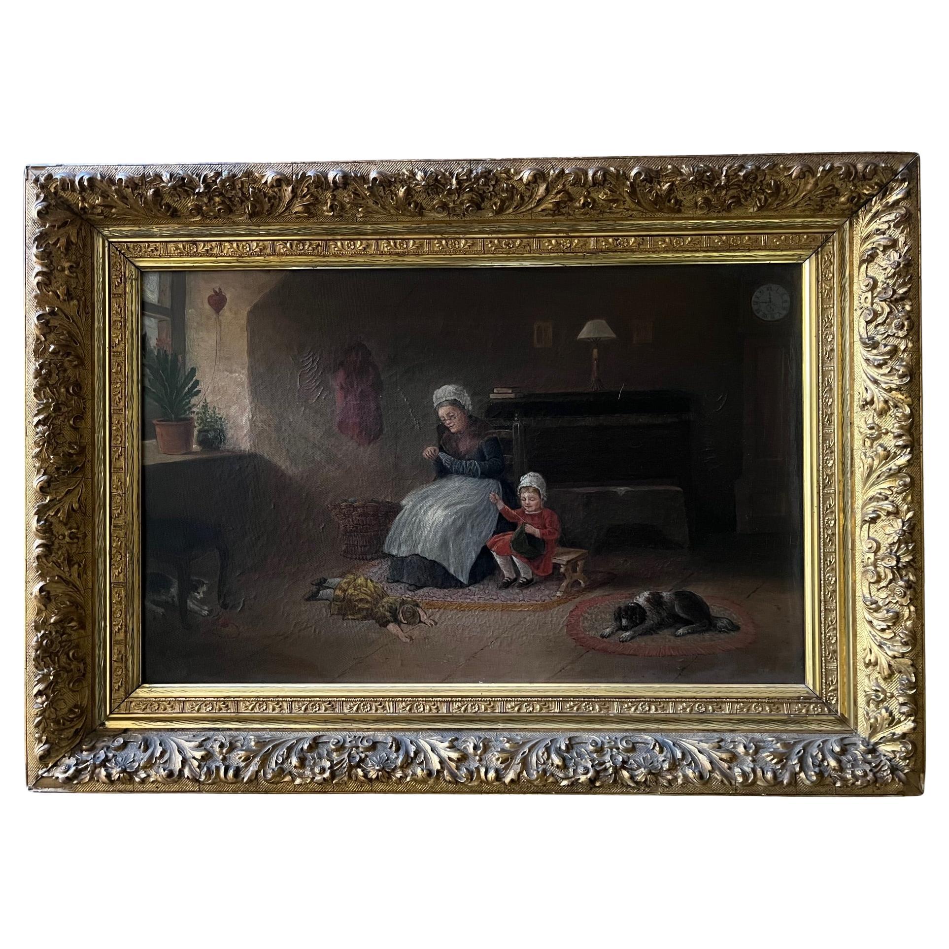 Antique Oil Painting of Interior Scene, Signed A. Hart, 1892 In Good Condition For Sale In Ross, CA