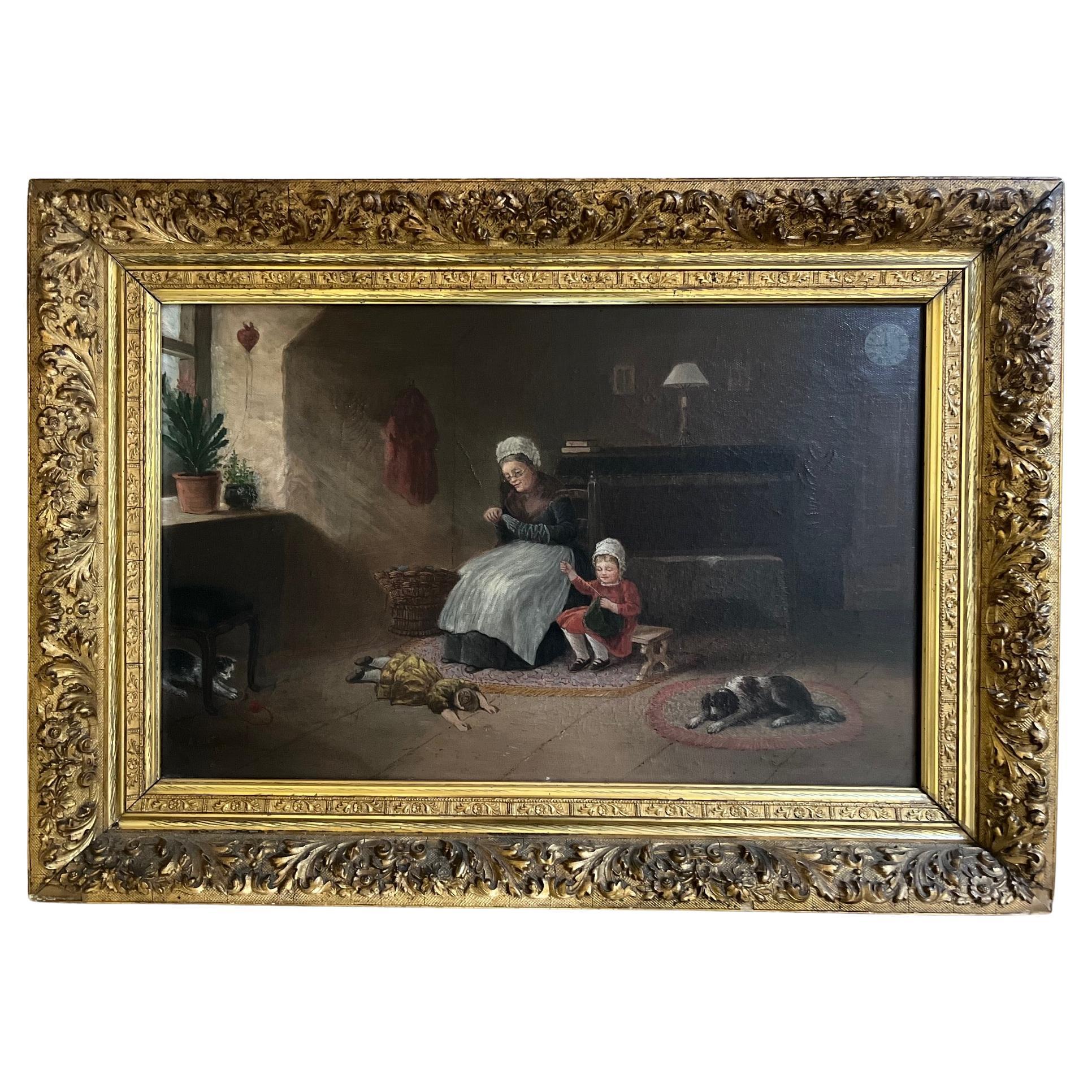 Pintura al óleo antigua de escena interior, firmada A. Hart, 1892