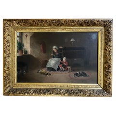 Pintura al óleo antigua de escena interior, firmada A. Hart, 1892