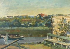 Antique oil painting of lakeside scenery from the village Haderslev in Denmark