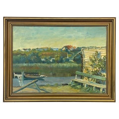 Antique oil painting of lakeside scenery from the village Haderslev in Denmark Antique oil painting of lakeside scenery from the village Haderslev in Denmark