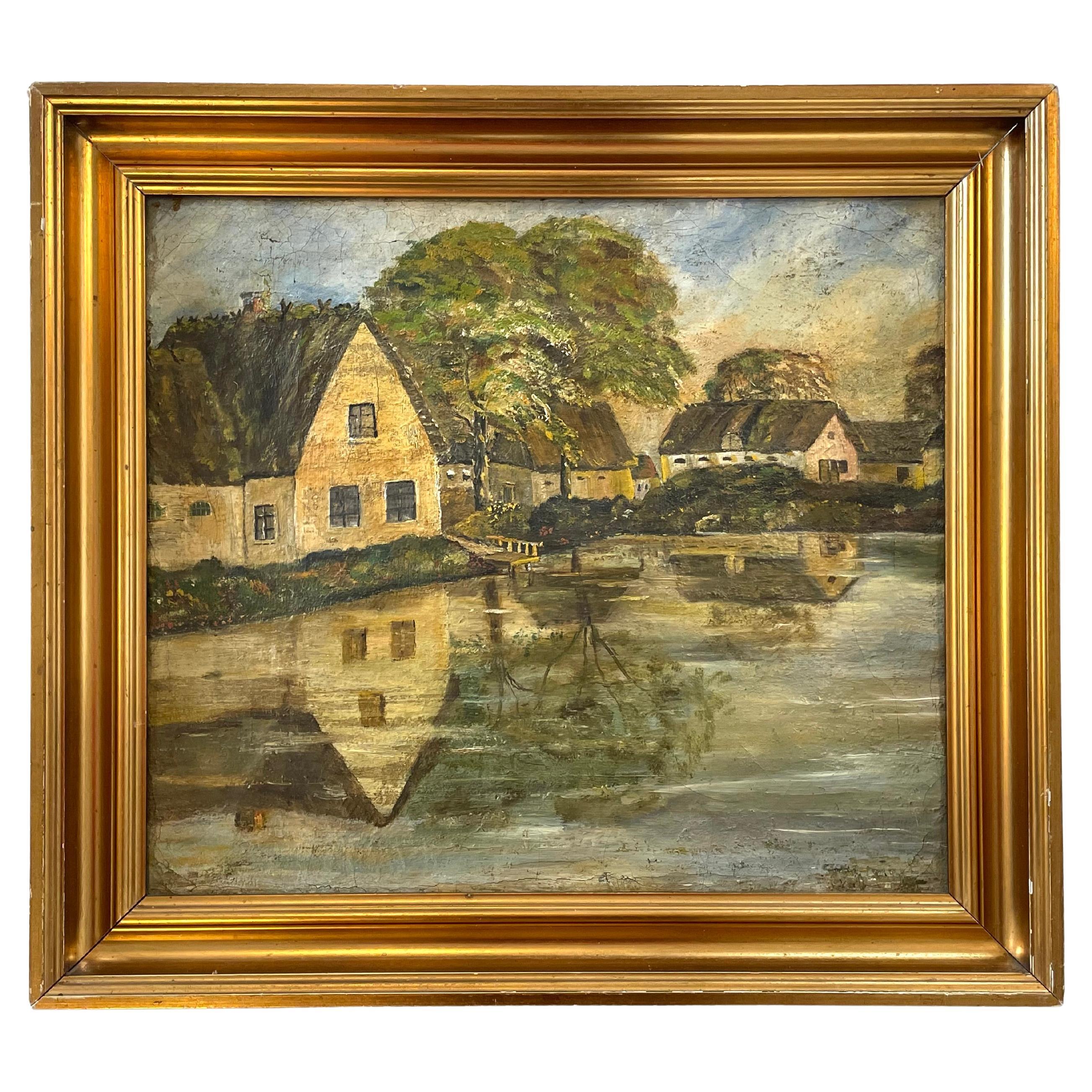 Antique oil painting of small Scandinavian rural village mirrored in the lake For Sale