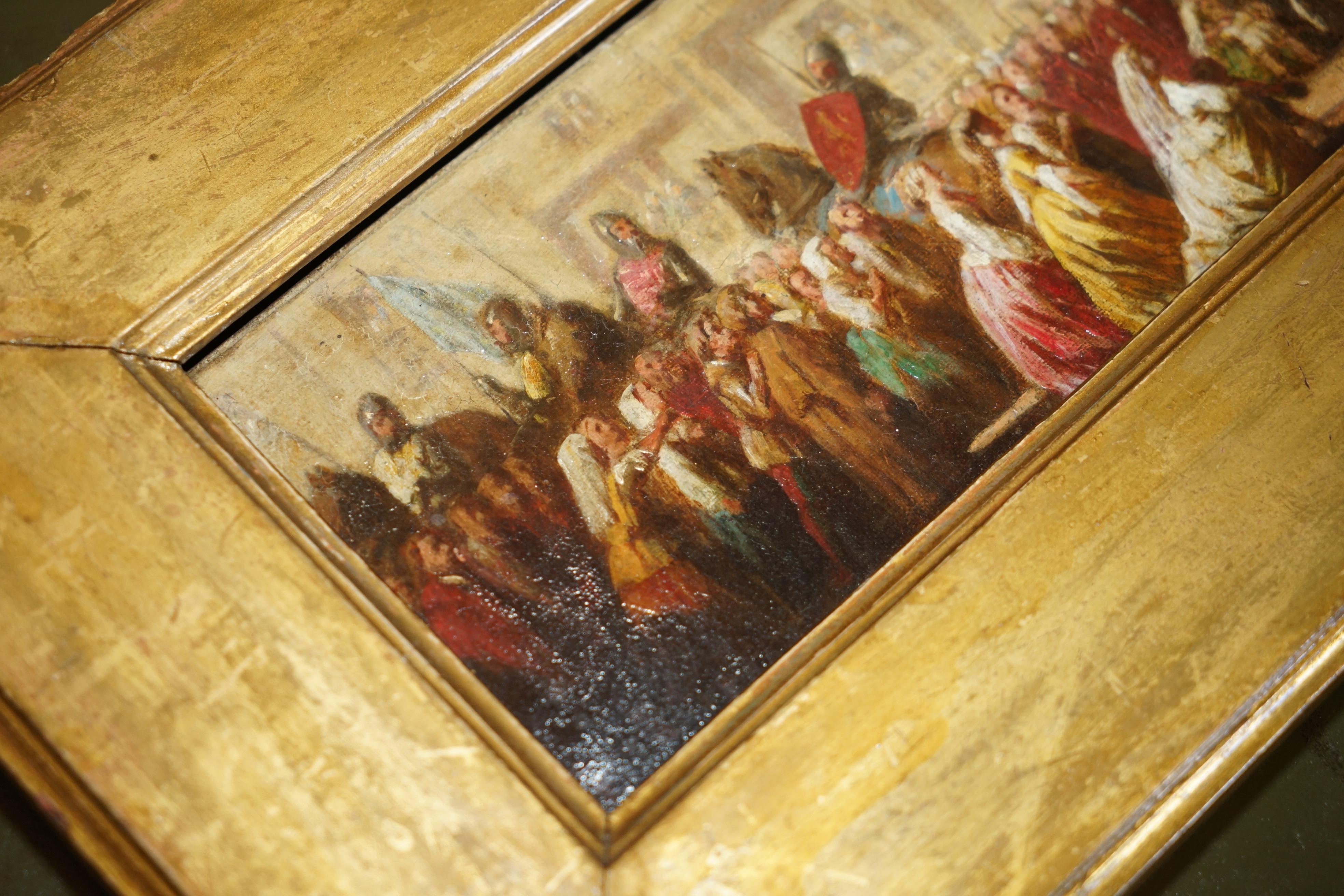 European ANTIQUE OIL PAINTING OF THE BLACK PRINCE WiTH KING JOHN II OF FRANCE AS PRISONER For Sale