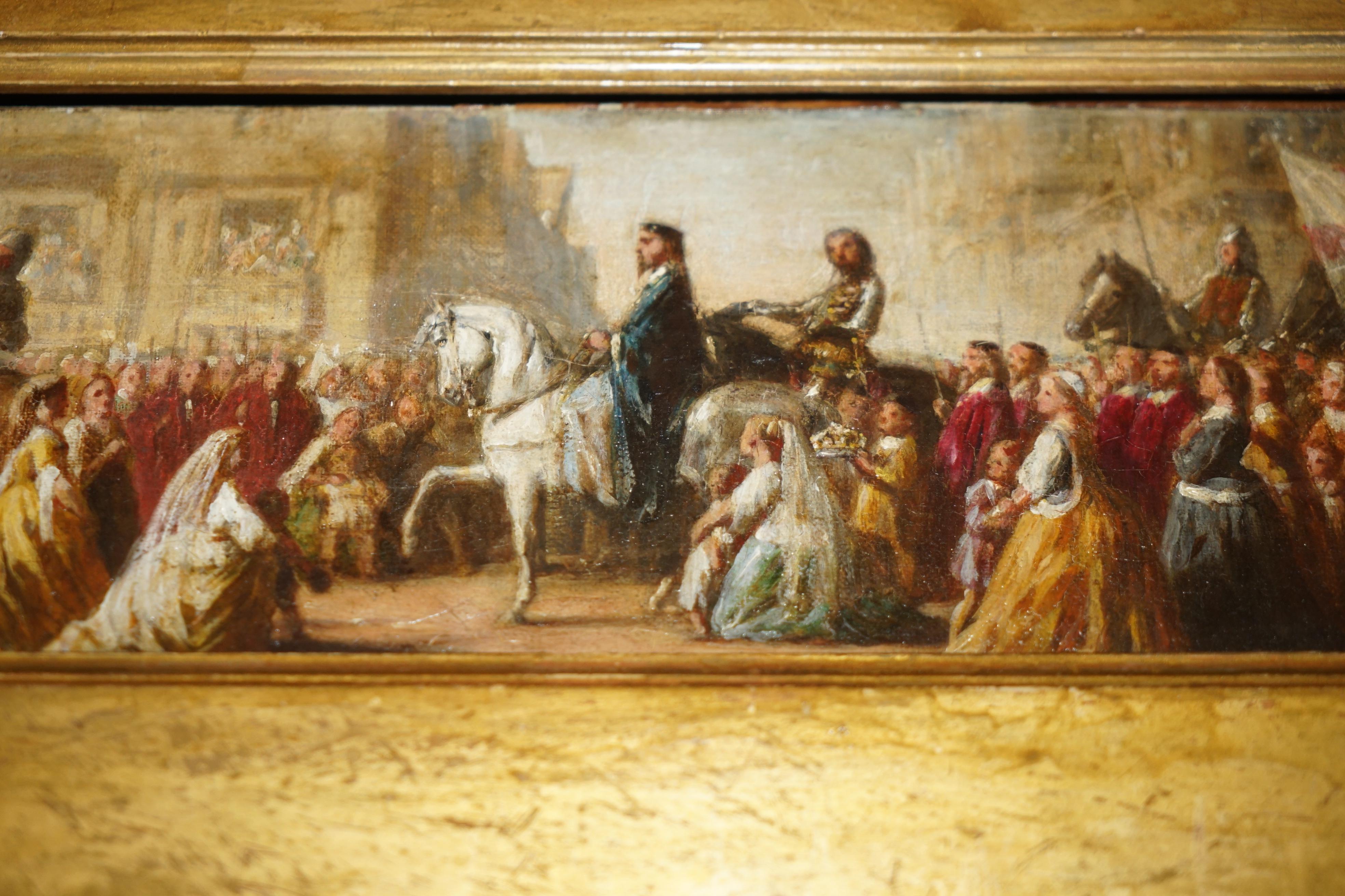 Hand-Painted ANTIQUE OIL PAINTING OF THE BLACK PRINCE WiTH KING JOHN II OF FRANCE AS PRISONER For Sale