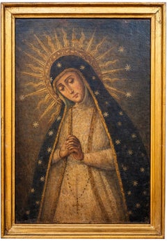 Antique Oil Painting of Virgin Mary, Colonial Style, 18th-19th Century