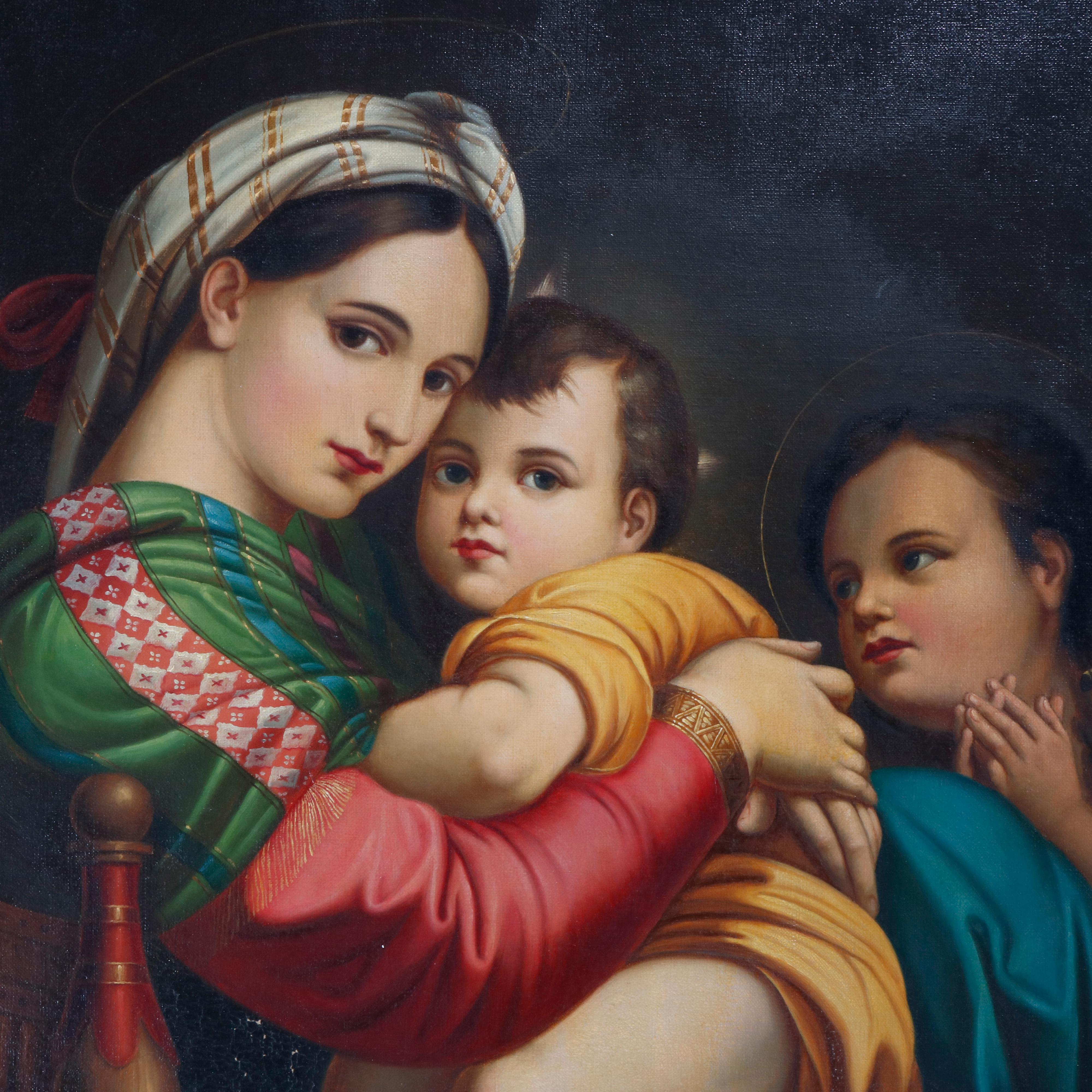 A large and well executed antique oil on canvas old master copy after Raphael's Madonna della Sedia depicts the Virgin Mary holding Baby Jesus (The Christ Child), seated in giltwood frame, 19th century.

Measures: 45