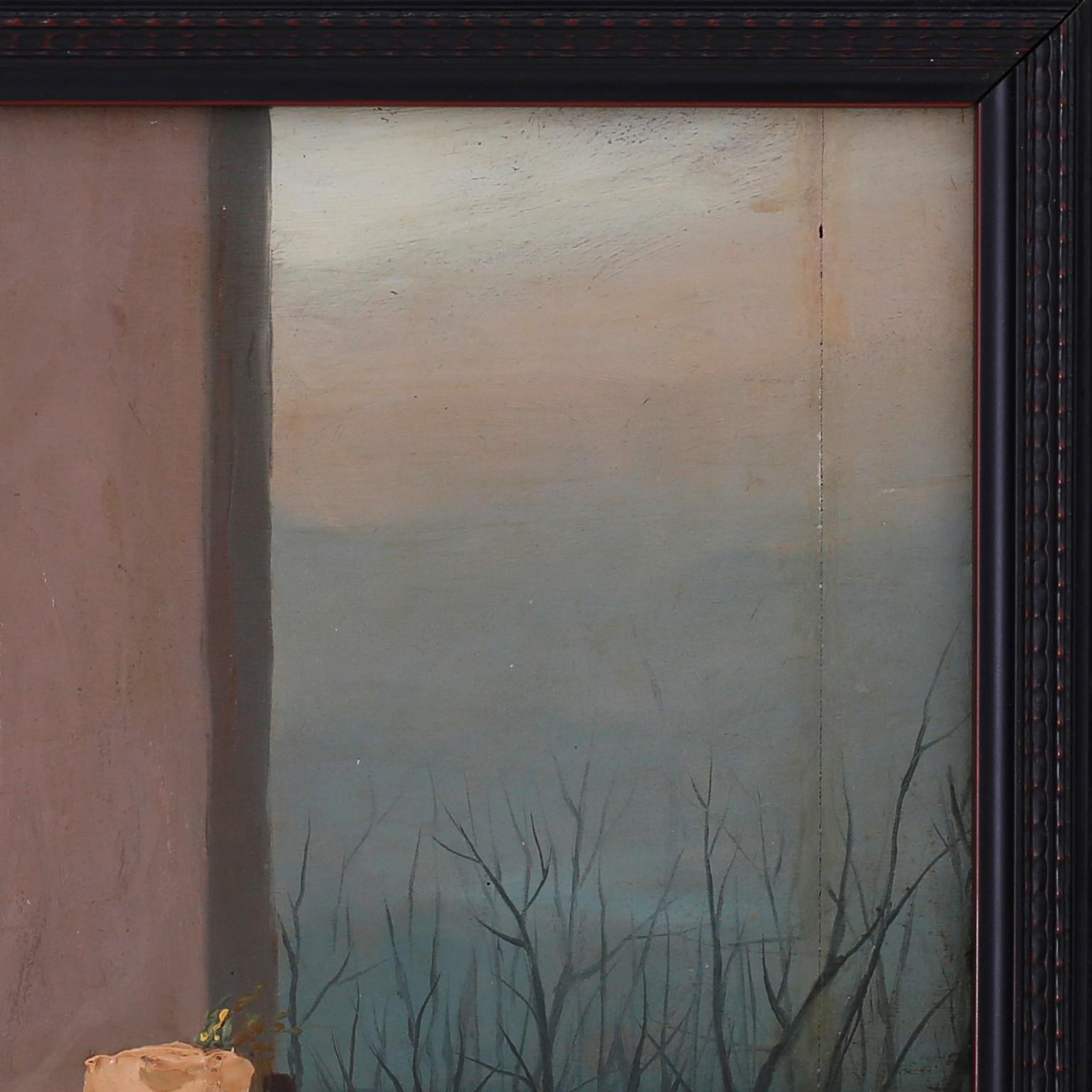Antique oil painting on board of a white dog caught in a moment of speculation in an outdoor scene. Signed William Melbon and presented in a newer ebonized wood frame.