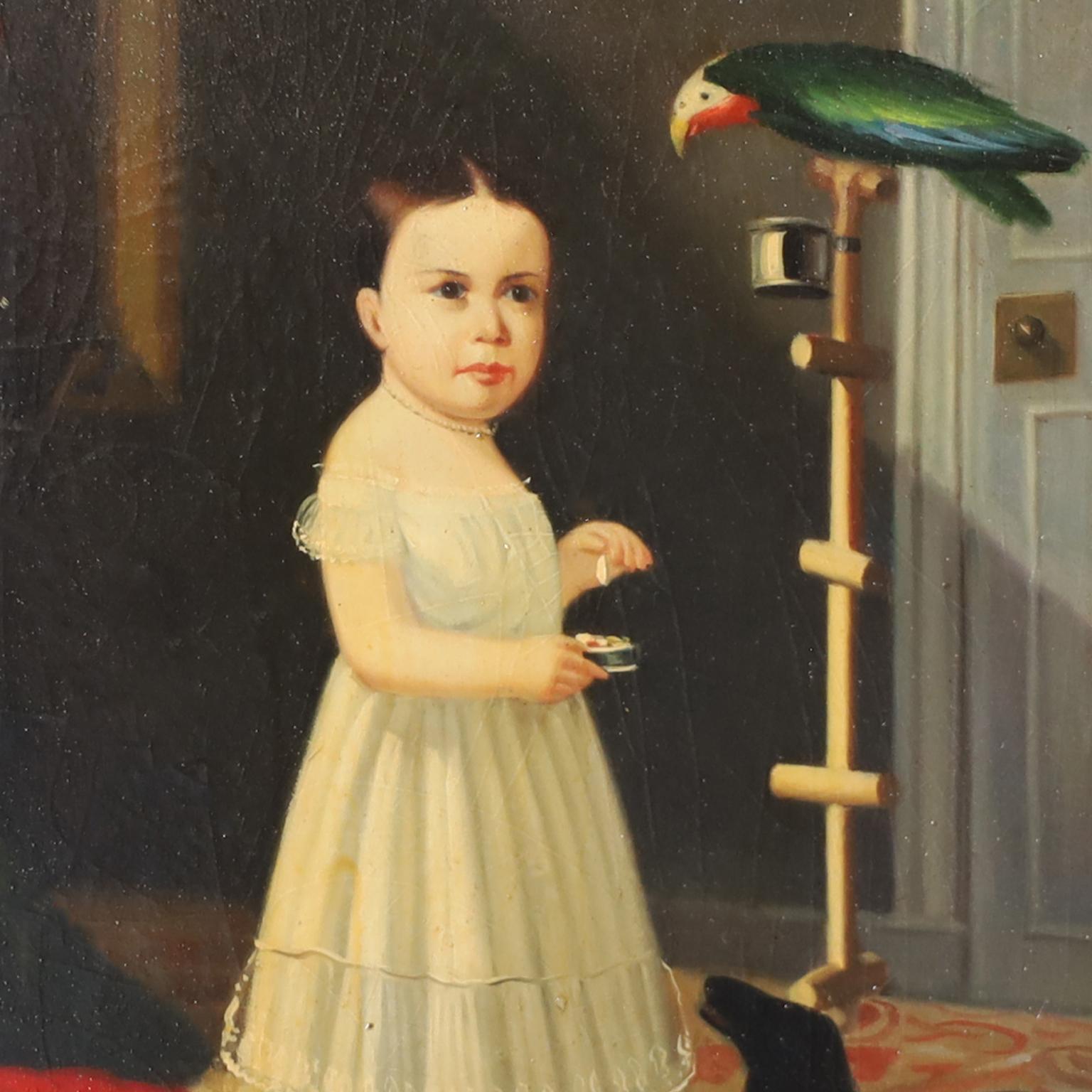 Intrigante peinture à l'huile sur panneau du XIXe siècle représentant une jeune fille avec son chien et son perroquet, exécutée dans un style classique avec une touche de naïveté. Présenté dans son cadre original en bois doré.