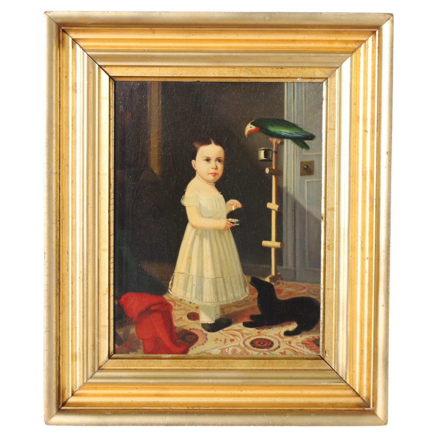 Peinture à l'huile ancienne sur panneau d'une fille avec un chien et un perroquet en vente