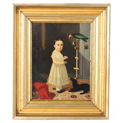 Antique Oil Painting on Board of a Girl with Dog and Parrot