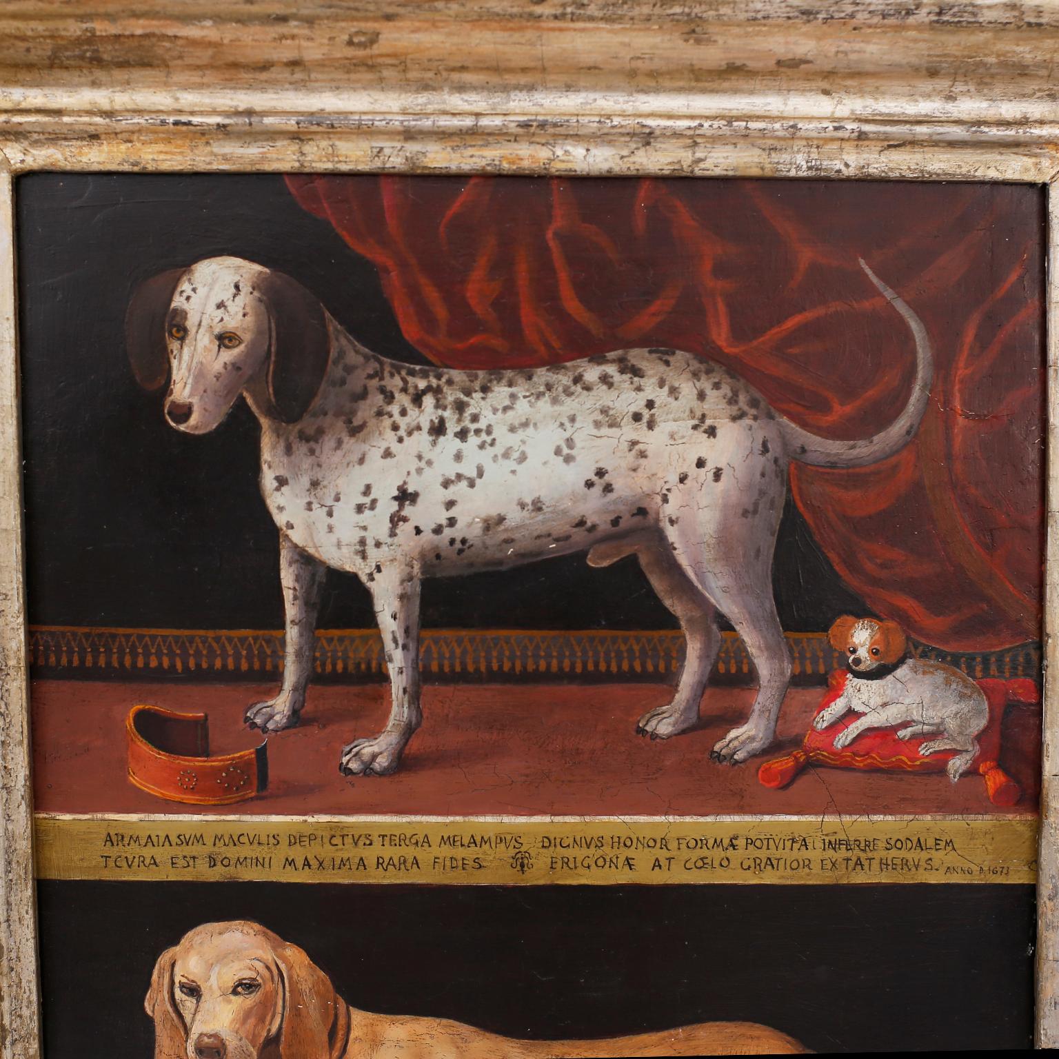 Delightful Italian oil painting on board depicting two separate images of dogs, painted over gesso in the early 20th century. Executed in a Renaissance style complete with Latin descriptions. Presented in an 18th century gesso and silver leaf frame.