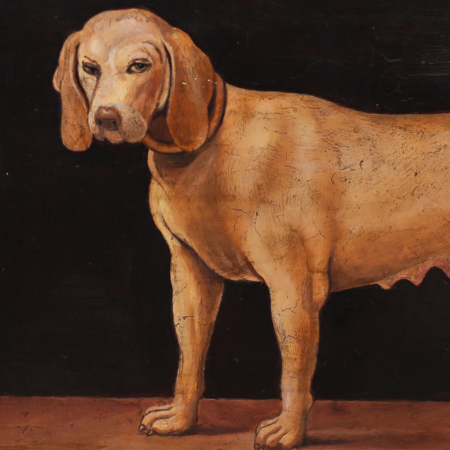 italien Peinture à l'huile ancienne sur panneau représentant des chiens