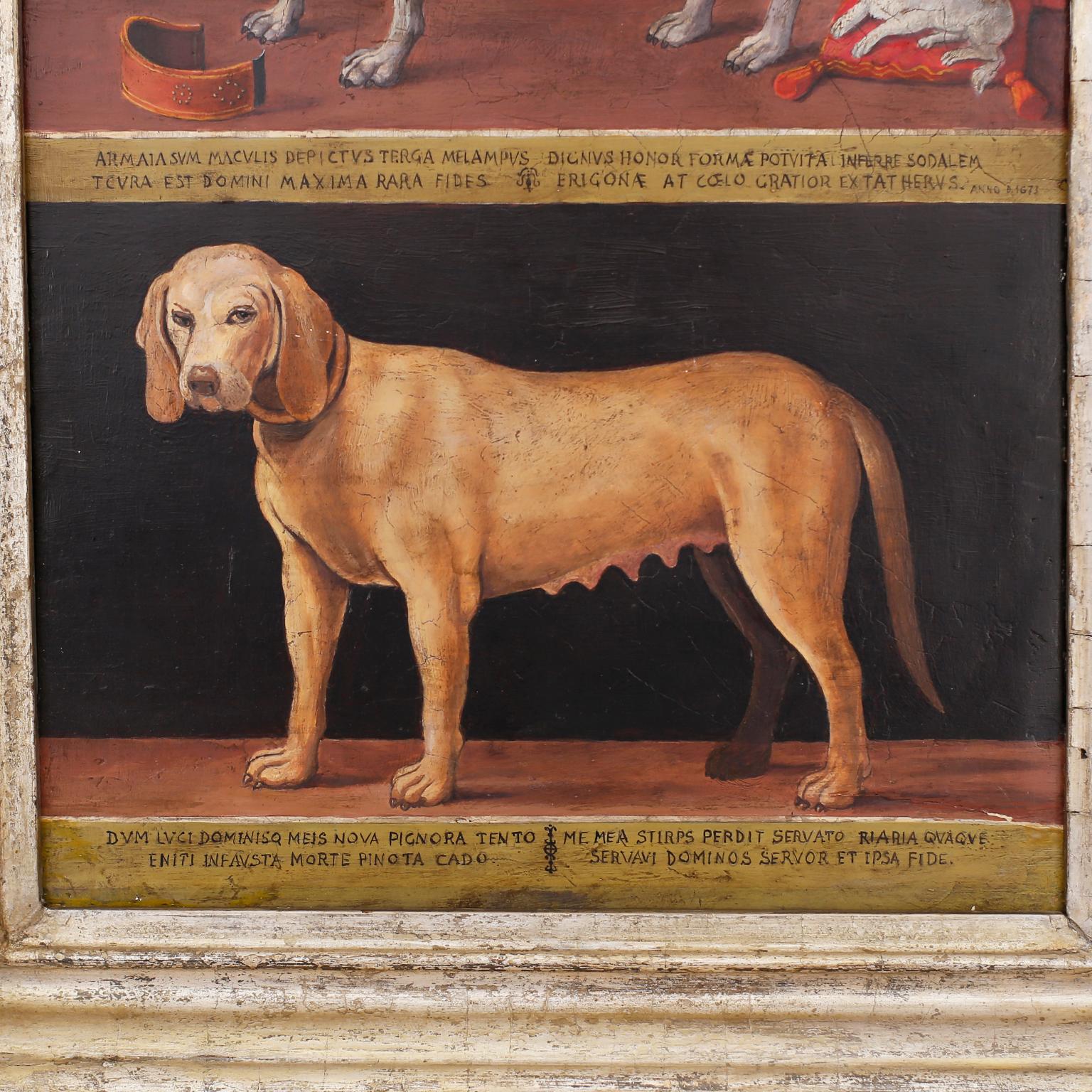 20ième siècle Peinture à l'huile ancienne sur panneau représentant des chiens