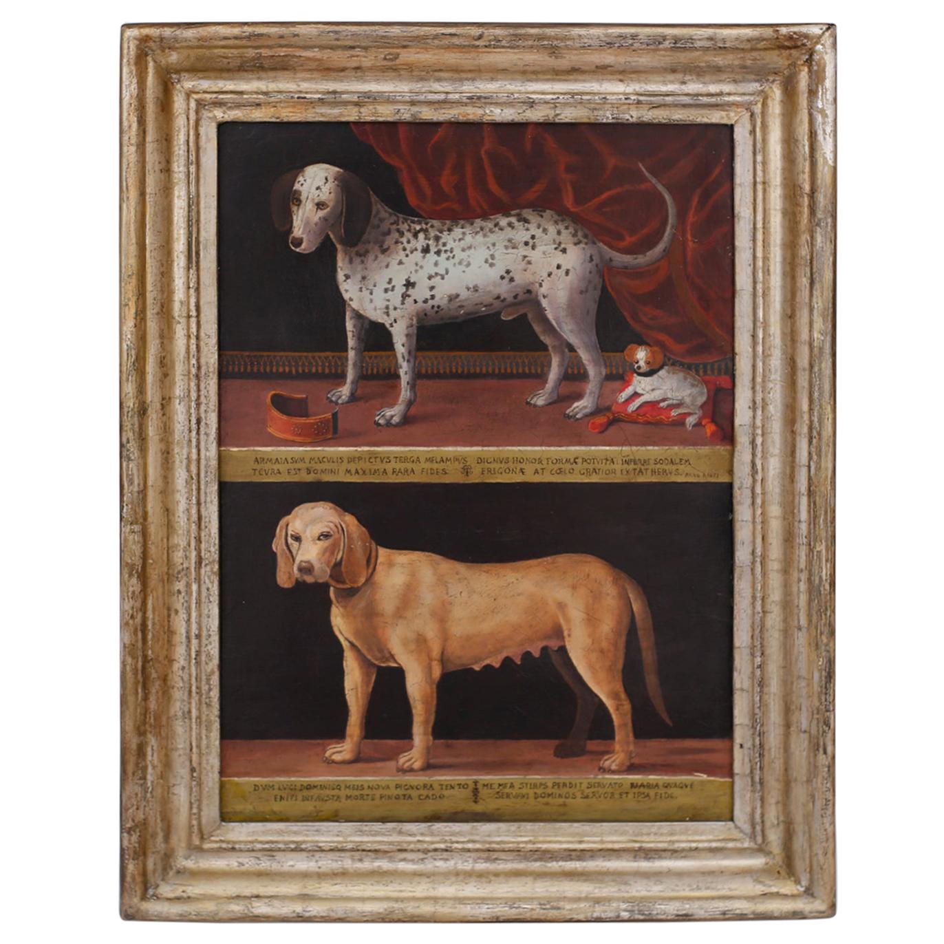 Peinture à l'huile ancienne sur panneau représentant des chiens