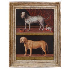 Antique Oil Painting on Board of Dogs