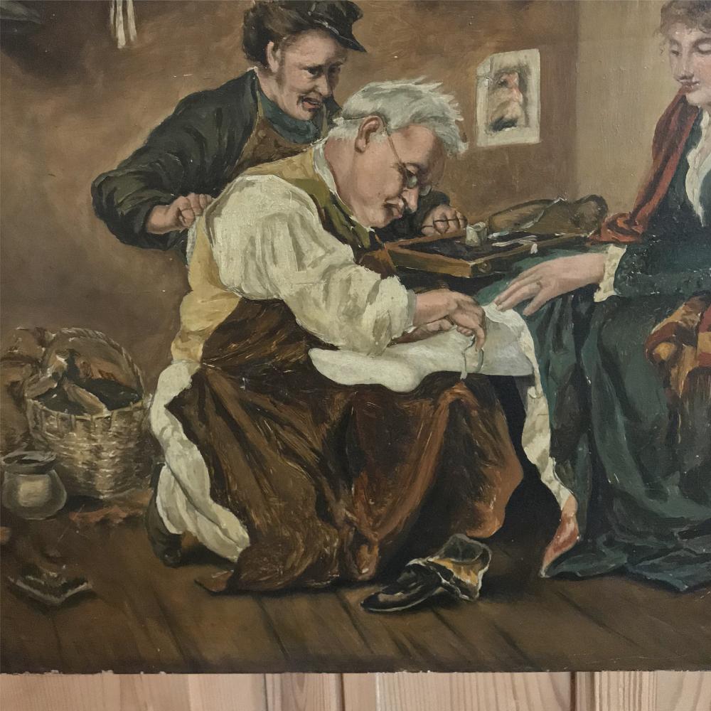 Antique Oil Painting on Board of Shoemaker at Work For Sale 2