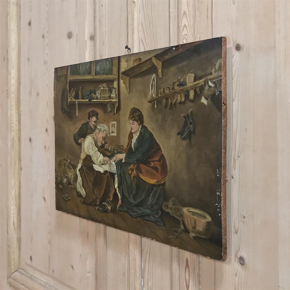 Antique oil painting on board depicts a humble shoemaker's shop. Called a cobbler in Europe after the 13th century, such tradesmen usually worked in one-man shops and serviced either villages or city neighborhoods. Shoes were fitted by hand and