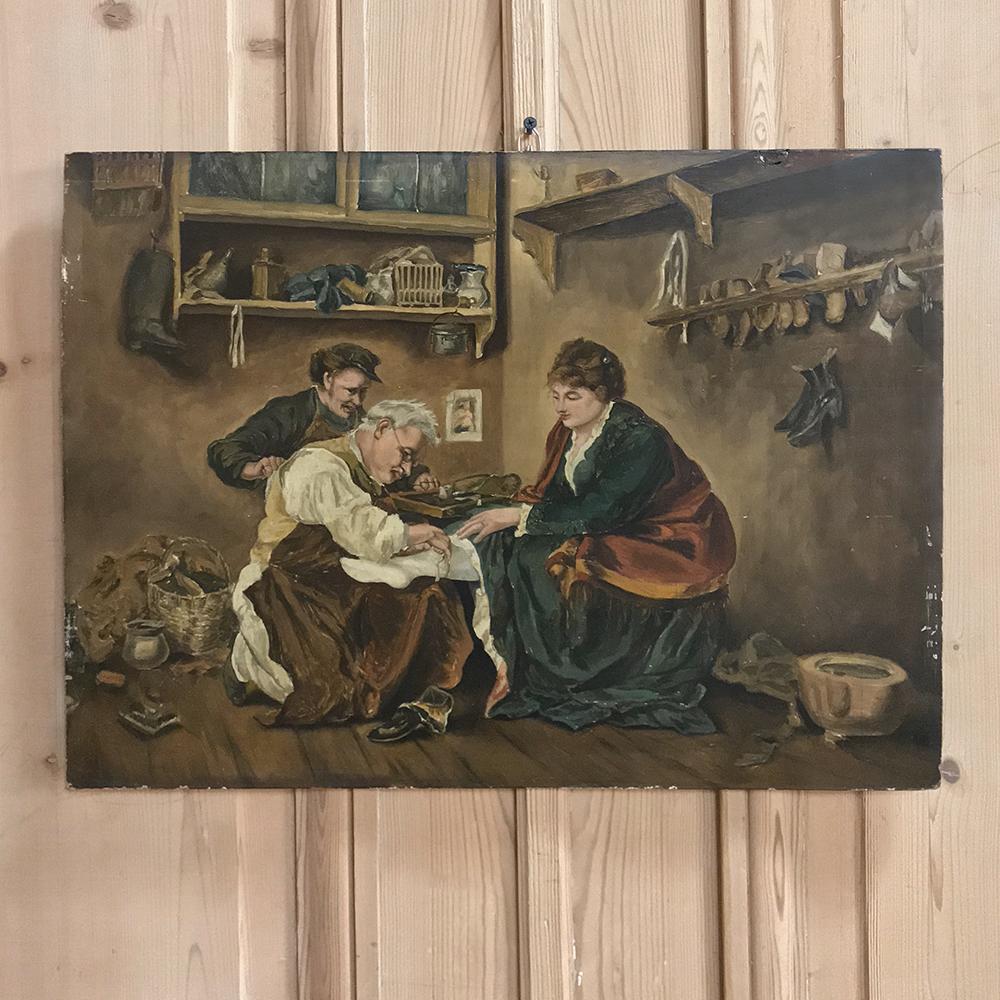 Aesthetic Movement Antique Oil Painting on Board of Shoemaker at Work For Sale