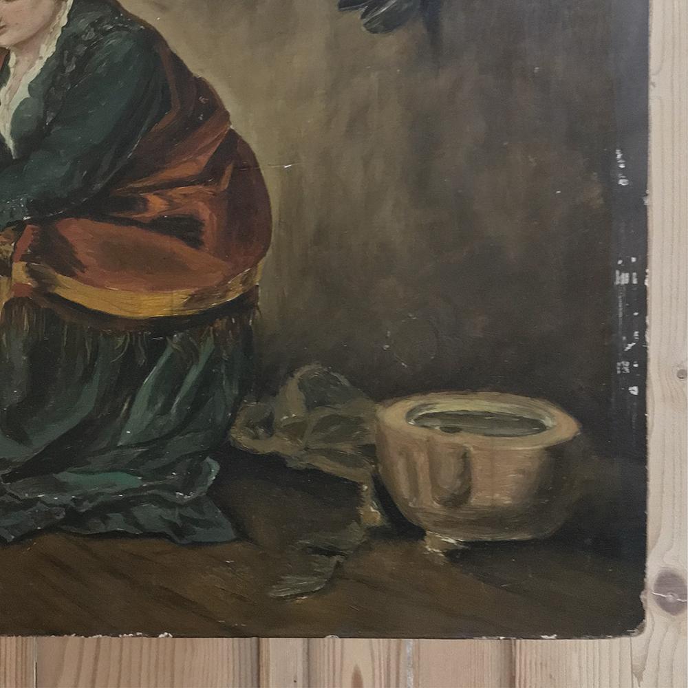 Peint à la main Peinture à l'huile ancienne sur panneau représentant un chasseur en train de travailler en vente