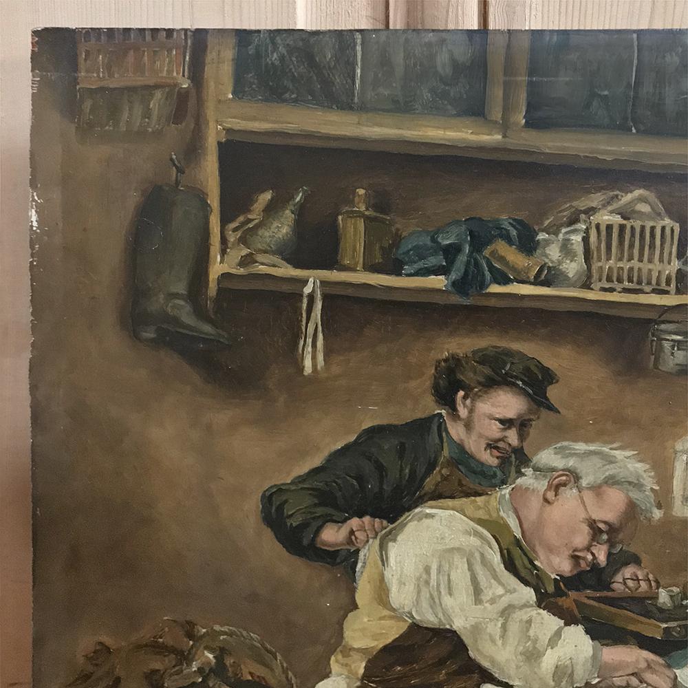 Antique Oil Painting on Board of Shoemaker at Work In Good Condition For Sale In Dallas, TX