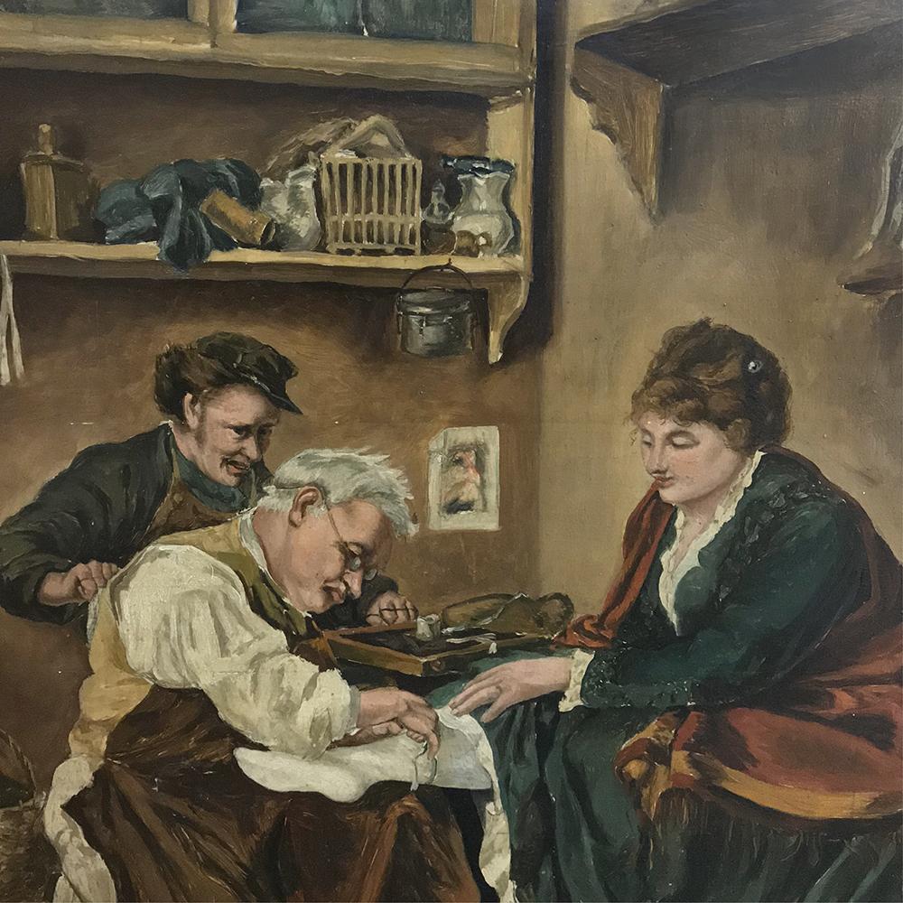 Mahogany Antique Oil Painting on Board of Shoemaker at Work For Sale