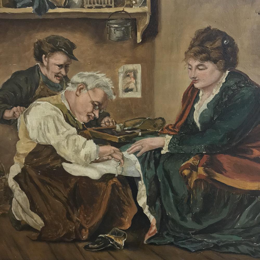 Antique Oil Painting on Board of Shoemaker at Work For Sale 1