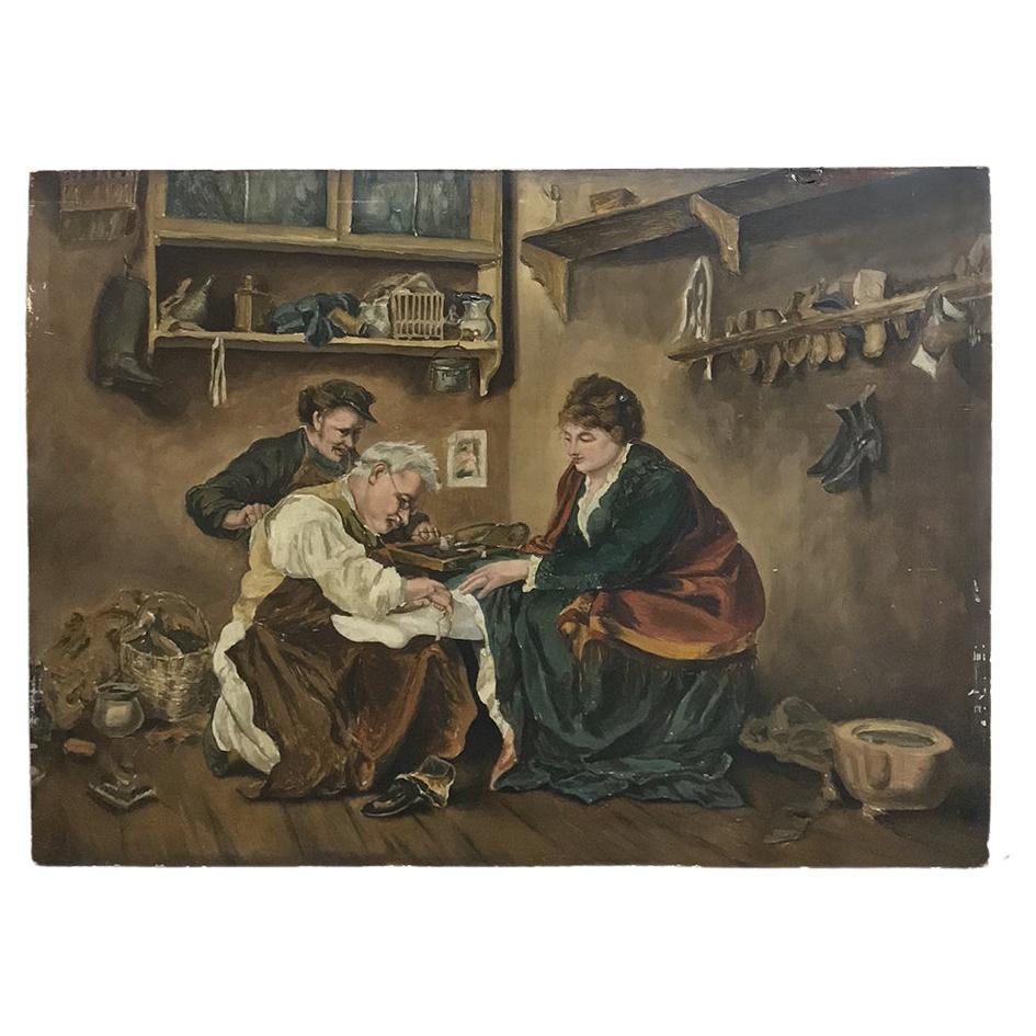 Antique Oil Painting on Board of Shoemaker at Work For Sale