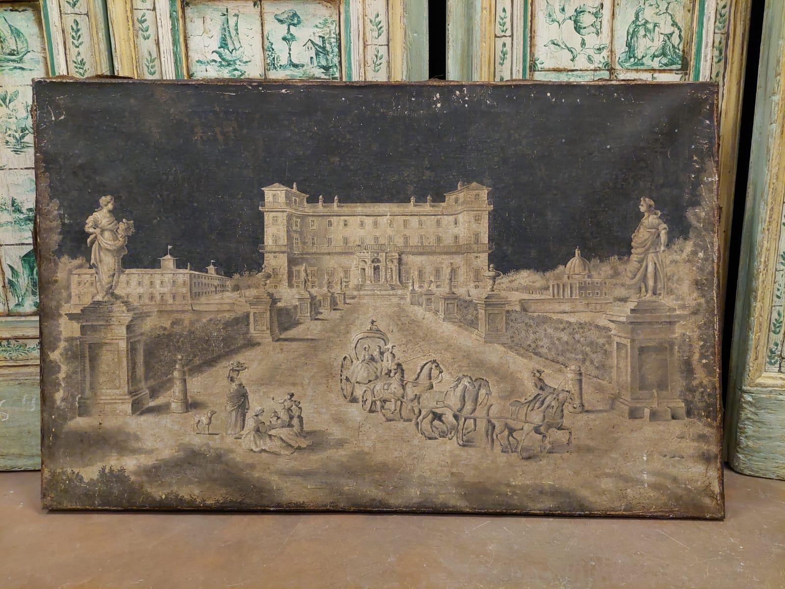 Ancient oil painting on canvas, depicting a life scene in an 18th century noble villa and its architecture, painted in black and white as it served as a preparatory sketch for an engraving, painted by Italian engraver Giuseppe Zocchi, as a study