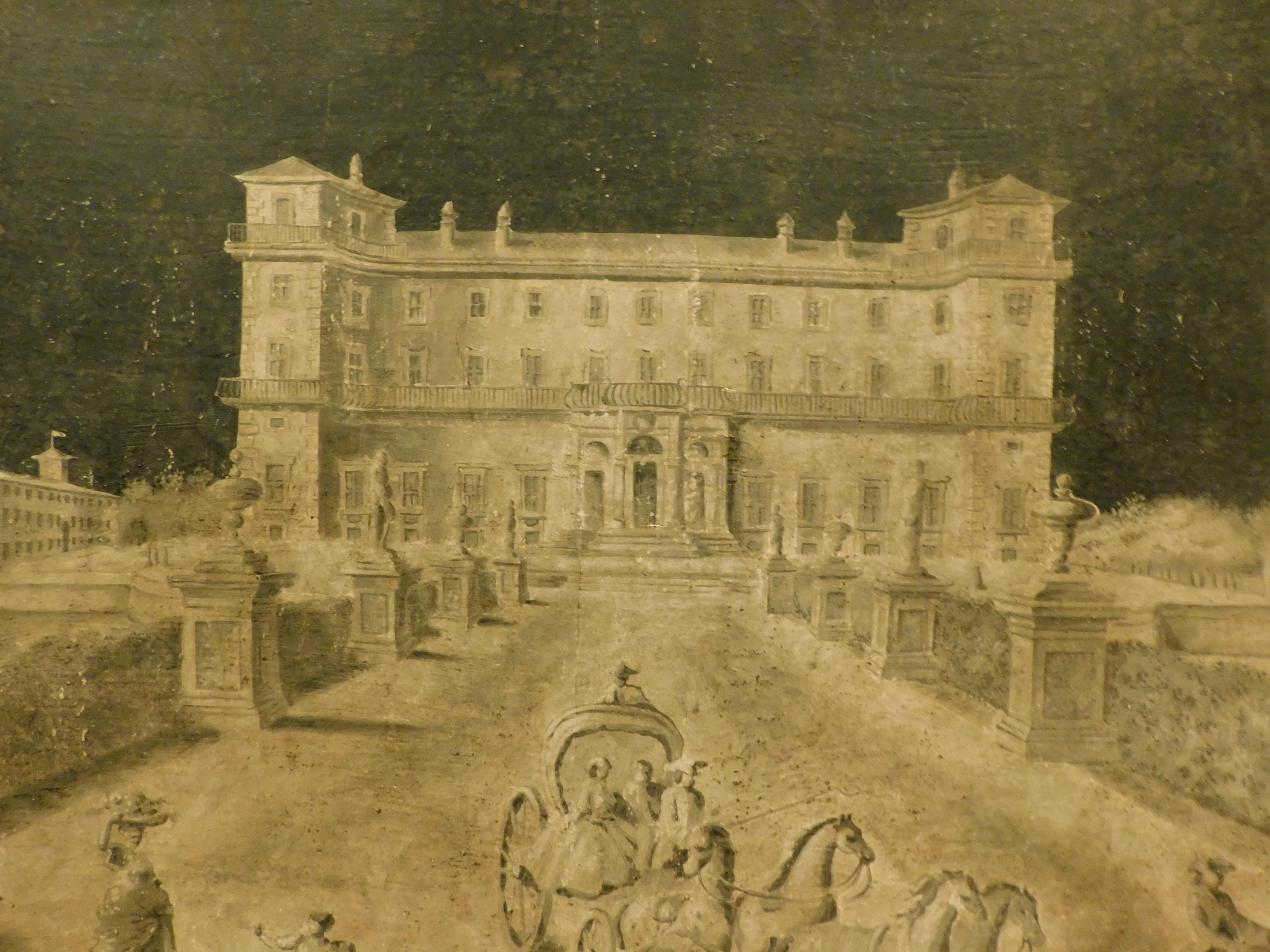 Italian Antique Oil Painting on Canvas, 18th Century Villa in Black and White, Italy