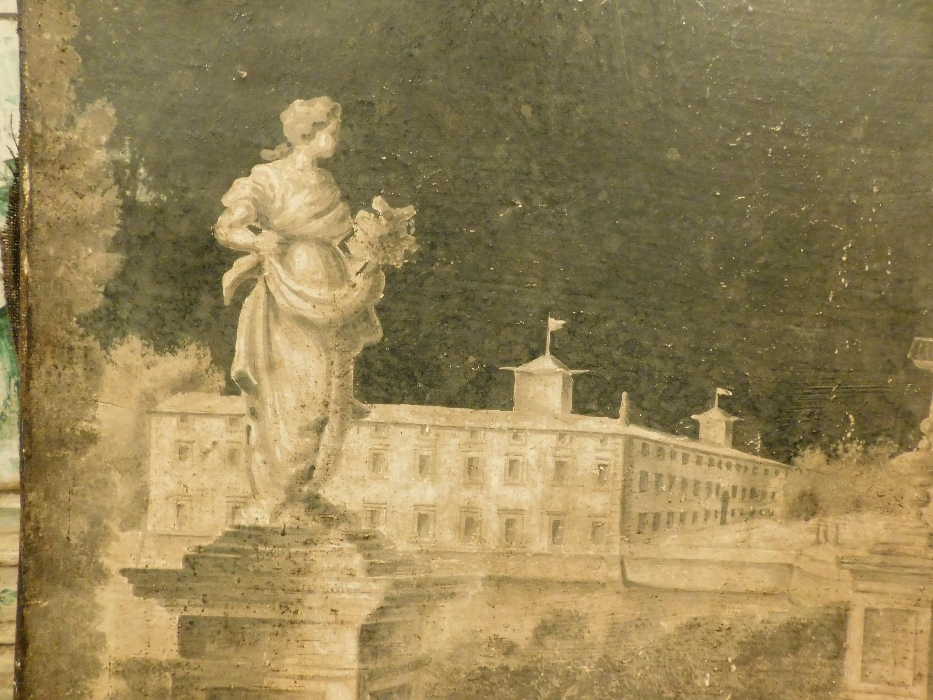 Antique Oil Painting on Canvas, 18th Century Villa in Black and White, Italy In Good Condition In Cuneo, Italy (CN)