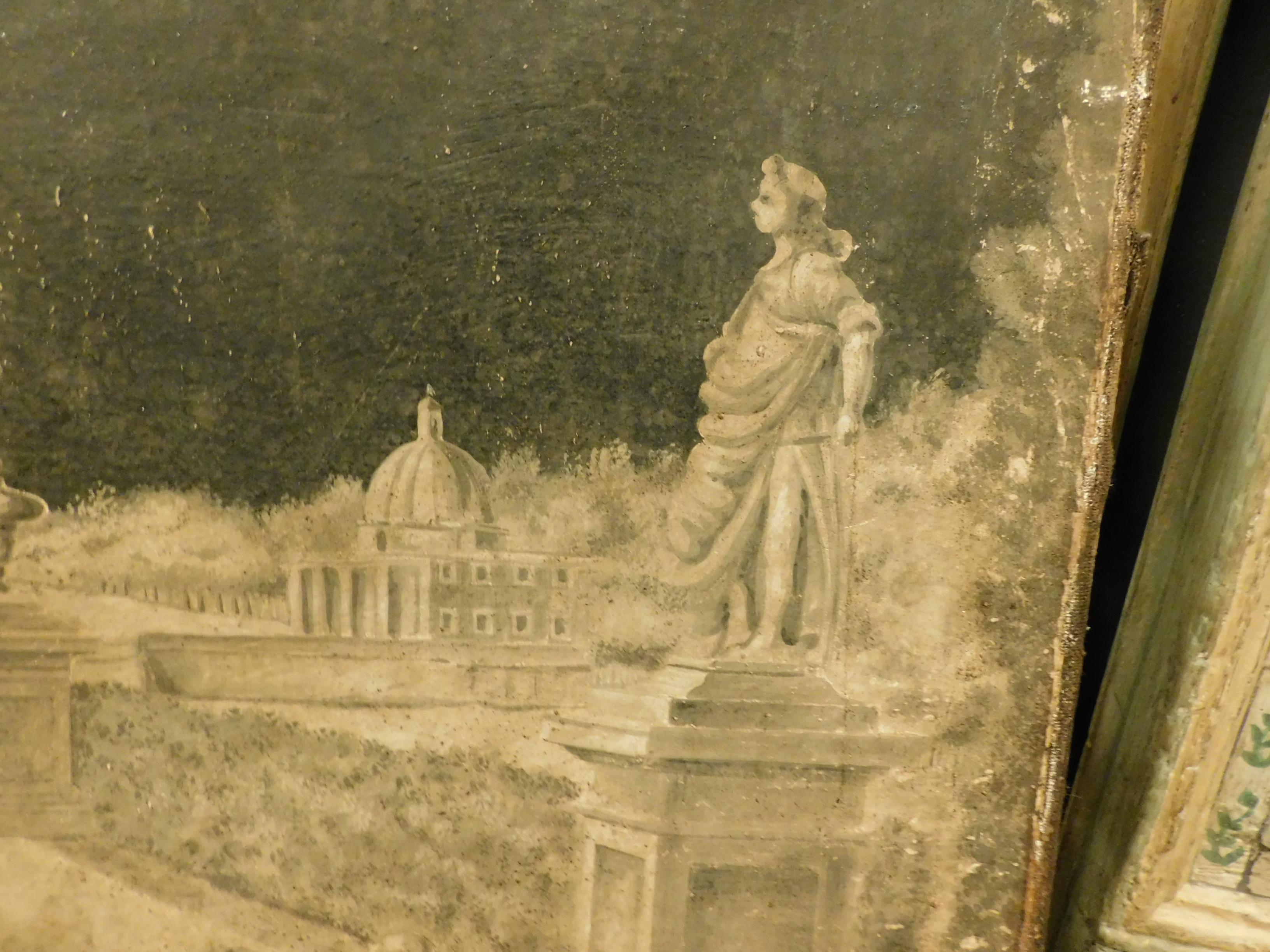 Antique Oil Painting on Canvas, 18th Century Villa in Black and White, Italy 1