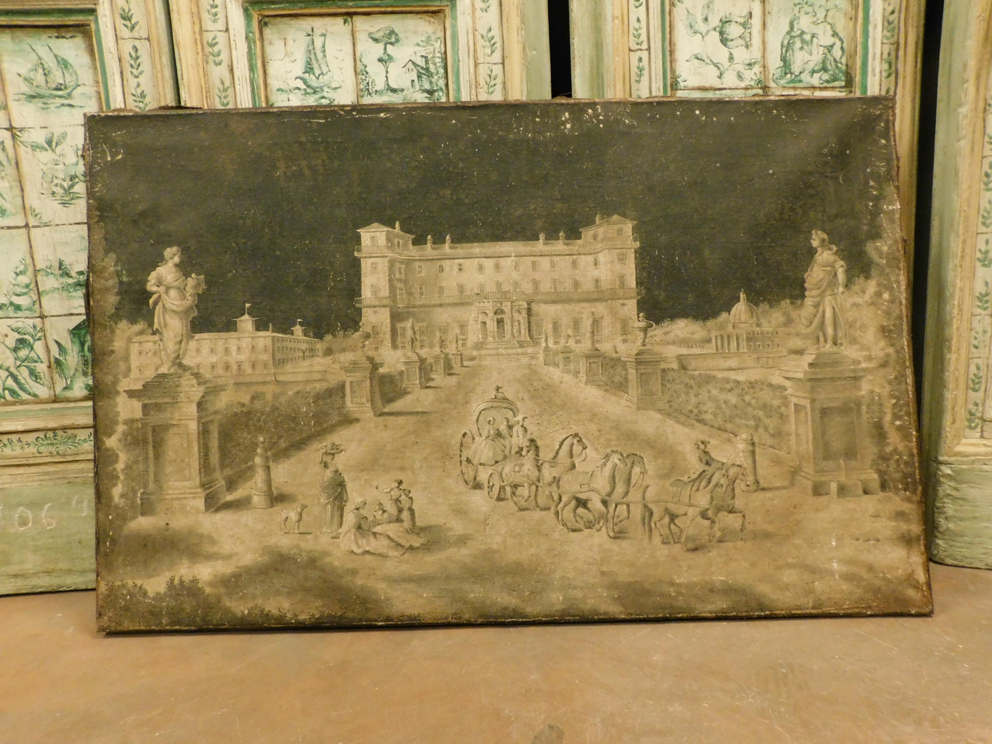 Antique Oil Painting on Canvas, 18th Century Villa in Black and White, Italy 3