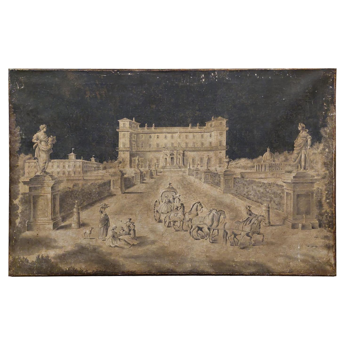 Antique Oil Painting on Canvas, 18th Century Villa in Black and White, Italy