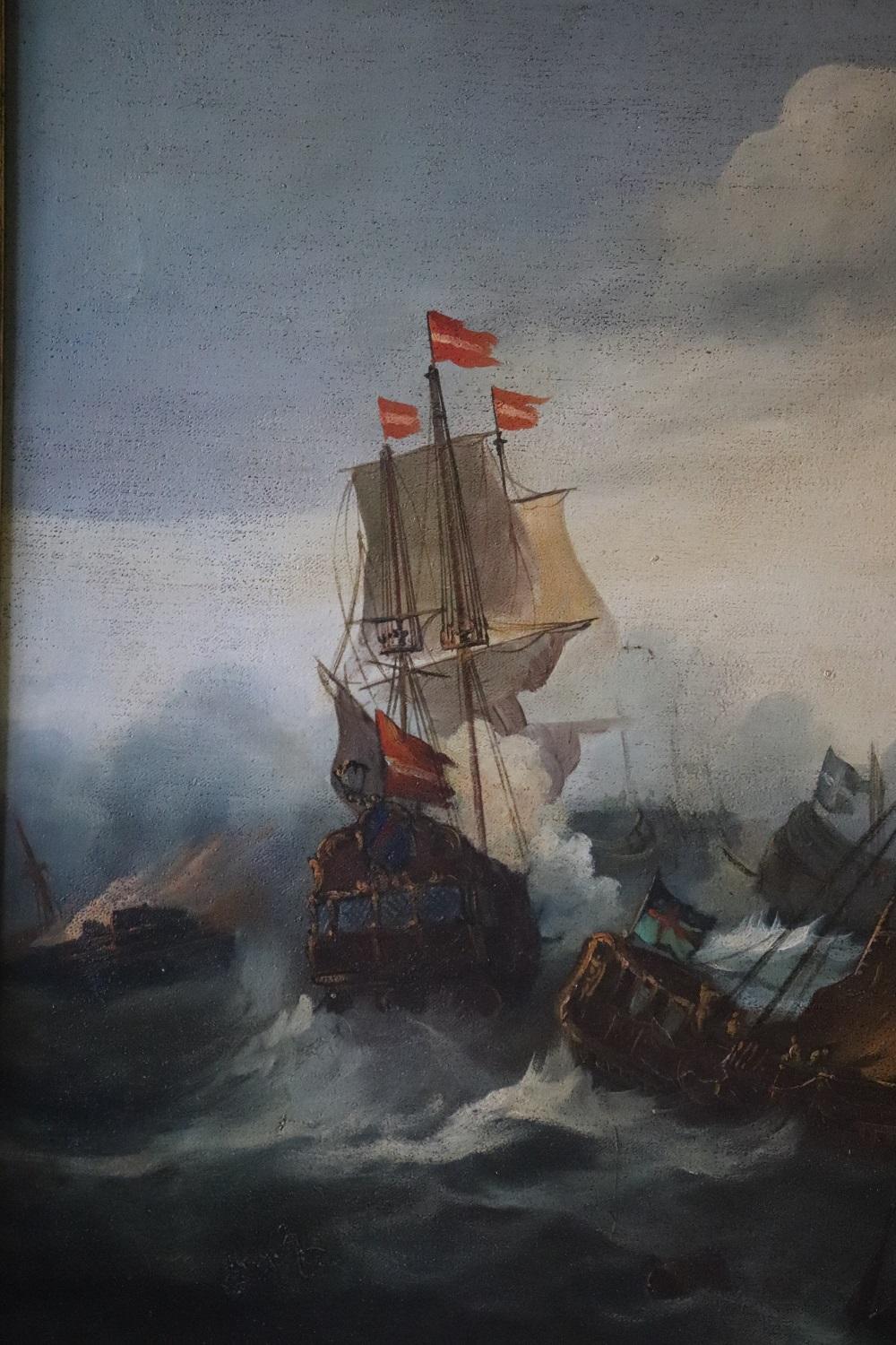 Italian Antique Oil Painting on Canvas Battle Between Galleons, 19th century For Sale