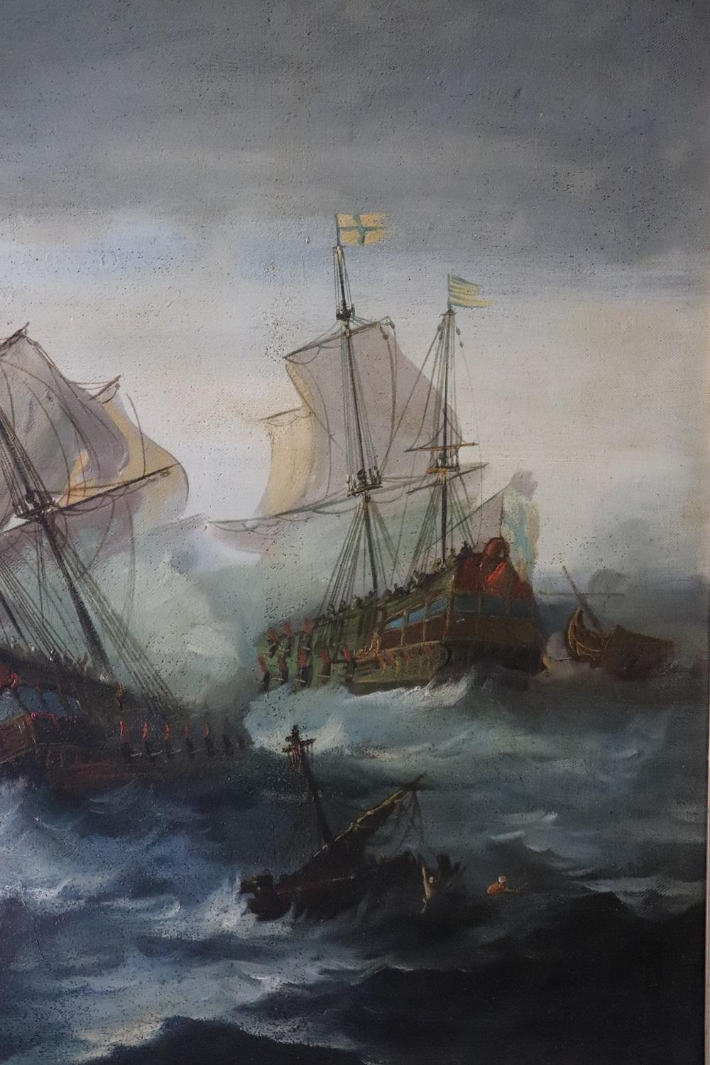 Oiled Antique Oil Painting on Canvas Battle Between Galleons, 19th century For Sale