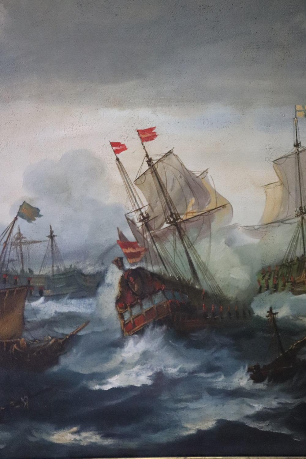Antique Oil Painting on Canvas Battle Between Galleons, 19th century In Excellent Condition For Sale In Casale Monferrato, IT
