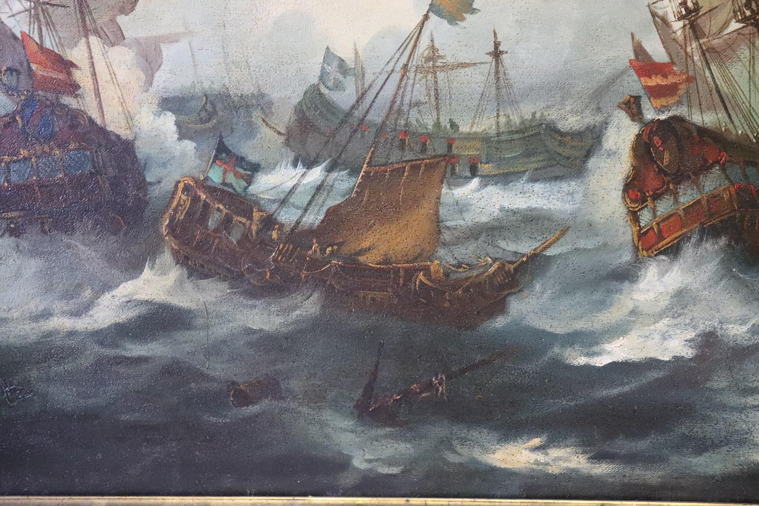 Early 19th Century Antique Oil Painting on Canvas Battle Between Galleons, 19th century For Sale