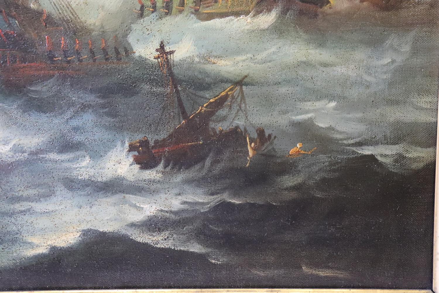 Antique Oil Painting on Canvas Battle Between Galleons, 19th century For Sale 1