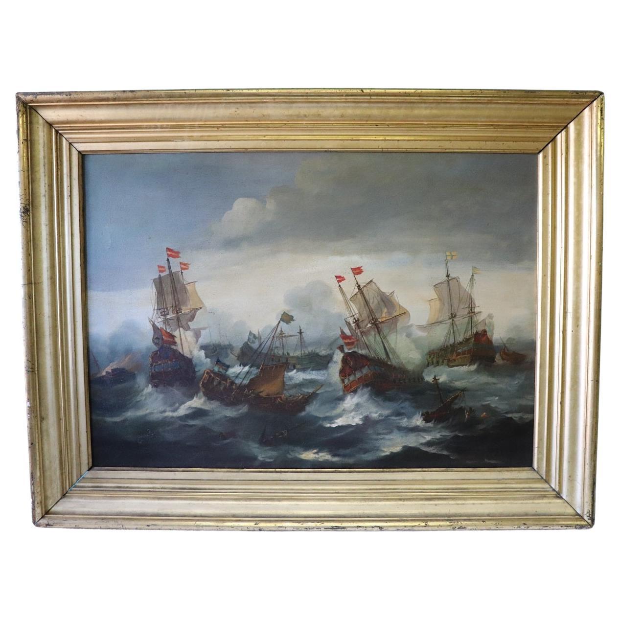 Antique Oil Painting on Canvas Battle Between Galleons, 19th century For Sale