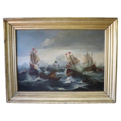 Antique Oil Painting on Canvas Battle Between Galleons, 19th century