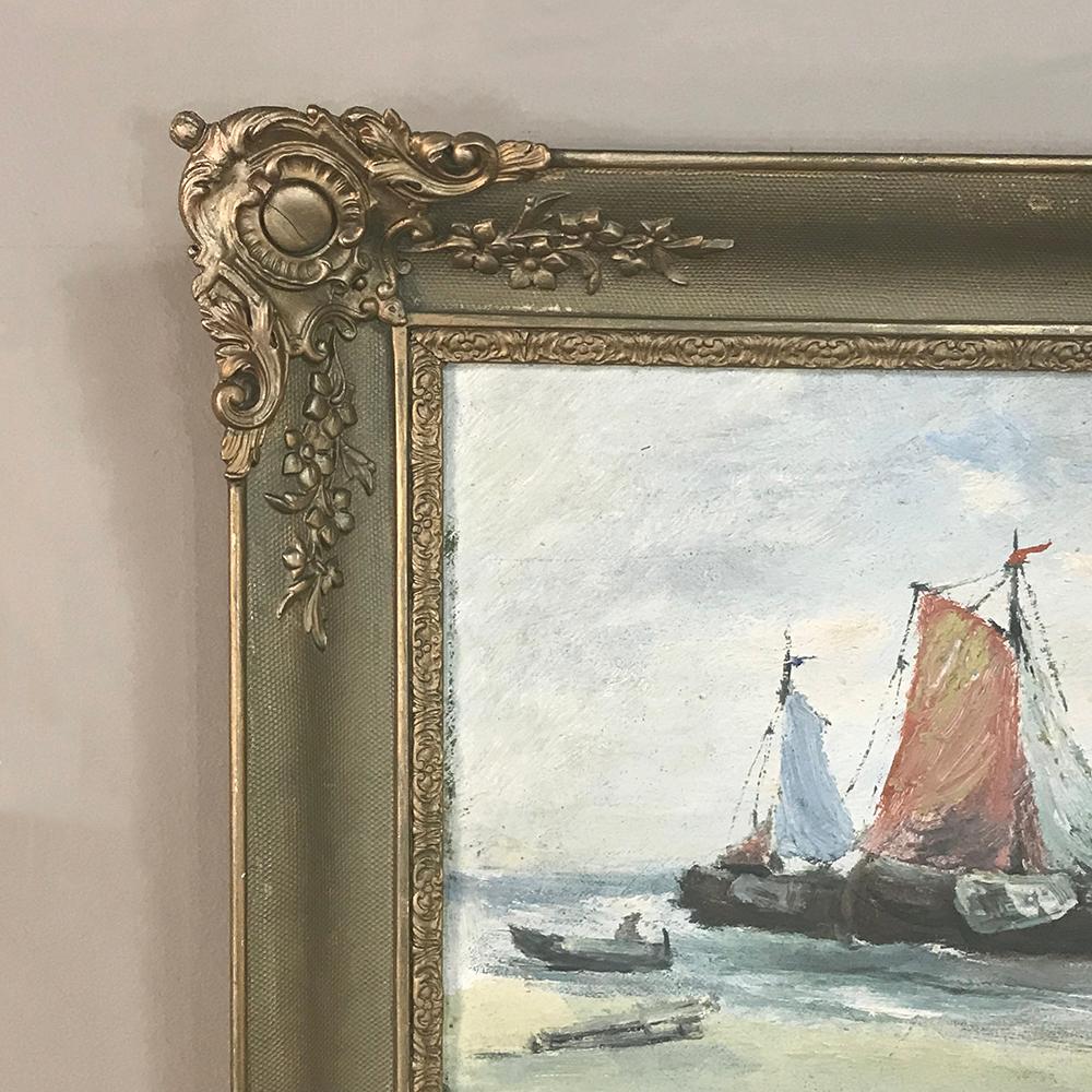 Antique oil painting on canvas by A. Delvigne displays the artist's talent for a waterfront scene with the fishing boats arriving after a long day at sea. An excellent example of impressionism not usually applied to this particular subject,
circa