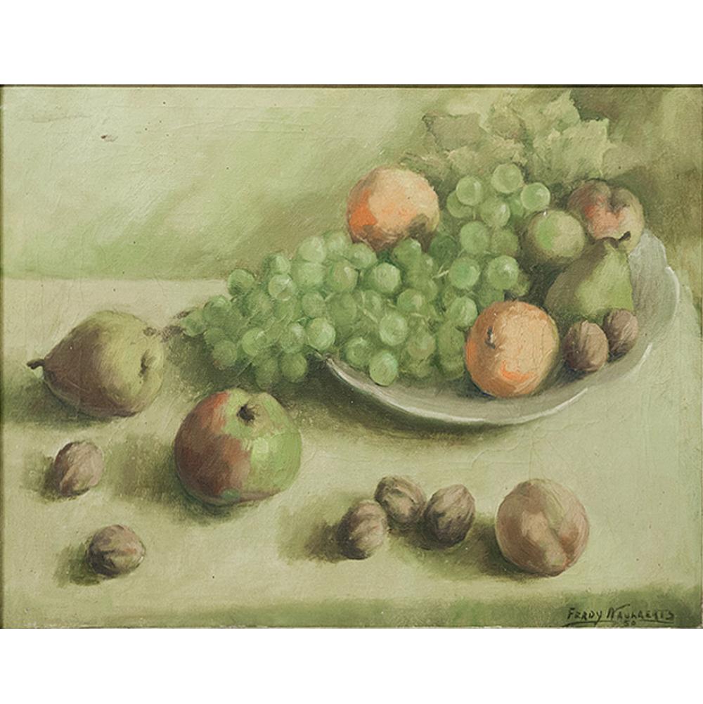 Antique oil painting on canvas by Ferdy Naulaerts (1922-2001) is a classic still life, a genre that has survived for eons with a myriad of interpretations over the centuries. Here Naulaerts has used a soft palette with emphasis on a subtle green