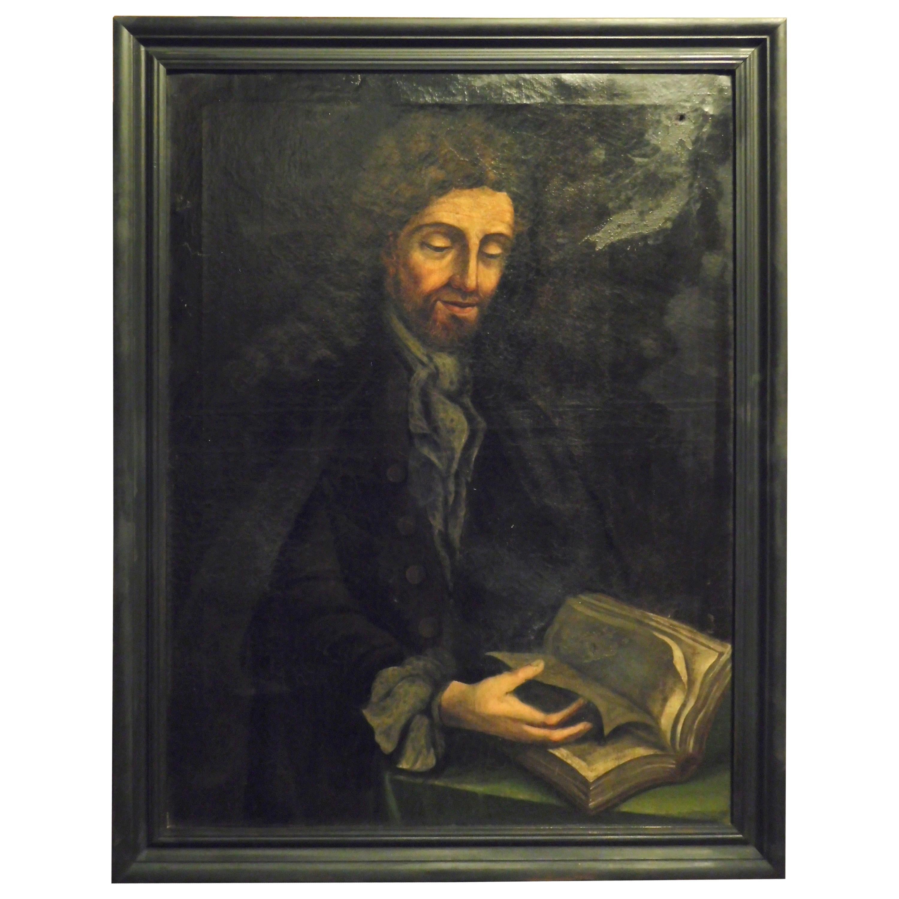 Antique Oil Painting on Canvas, Character "tutor", Black Frame, 1700, Italy