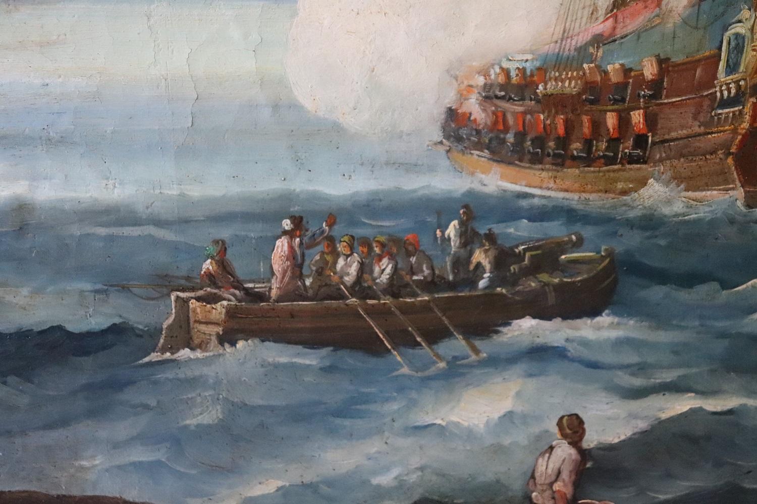Antique Oil Painting on Canvas Coastal Scene with Galleons, 18th century For Sale 4