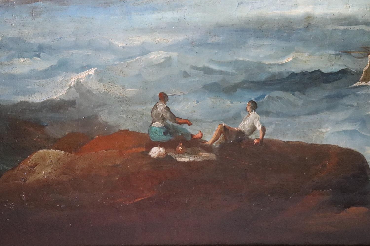 Peinture à l'huile ancienne sur toile - Scène côtière avec galons, 18e siècle en vente 4